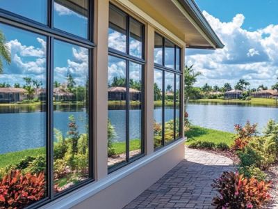 windows reflecting landscape